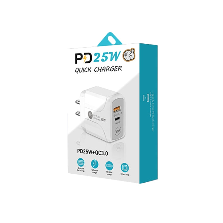PD25W USB-C / Type-C + QC3.0 USB Dual Ports Fast Charger with USB-C to 8 Pin Data Cable, US Plug, US Plug + USB-C to 8 Pin Cable